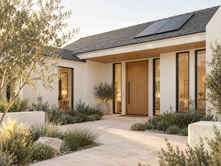 The front entrance of a modern home in warm afternoon light.